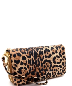 Leopard Double Zip Around Wallet Wristlet LE0012 TAN